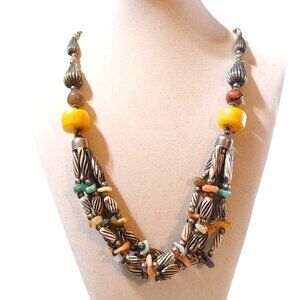 Kenyan Handmade 26 Necklace Multi Strand Bead Gemstones Bold Yellow Hook Clasp